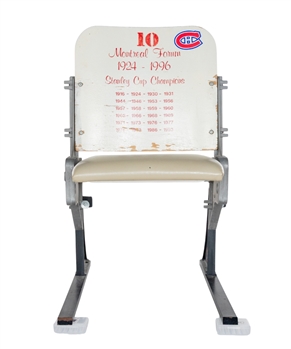 Montreal Forum #10 White Single Seat with Stanley Cup Championships Years Decals (Team COA) Plus Montreal Forum Limited-Edition Brick (031/800 w/Team COA) and Guy Lafleur Retirement Night Cap