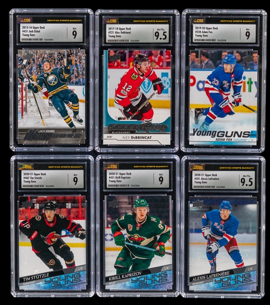 2015-16 to 2020-21 Upper Deck Young Guns Graded Hockey Card Collection of 6 Including Eichel, DeBrincat, Fox, Stutzle, Kaprizov and Lafreniere - All Graded Mint or Higher!