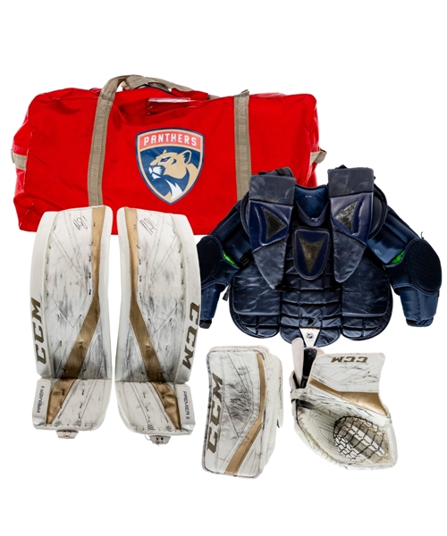 Roberto Luongos 2018-19 Florida Panthers CCM Premier II Game-Worn Blocker, Glove and Signed Pads - Photo-Matched to Career Game #1030 Surpassing Patrick Roy For #2 All-Time Games Played! 