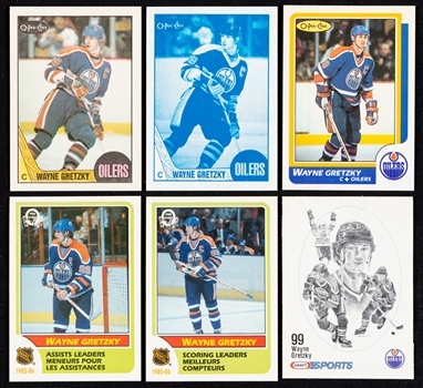 Wayne Gretzky Collection Including 1986-87 and 1987-88 O-Pee-Chee Blank Back Hockey Cards (5), 1983-84 McDonalds 4-Sticker Panel, 1988 Oilers 10th Anniversary 4-Card Panels (2) and More