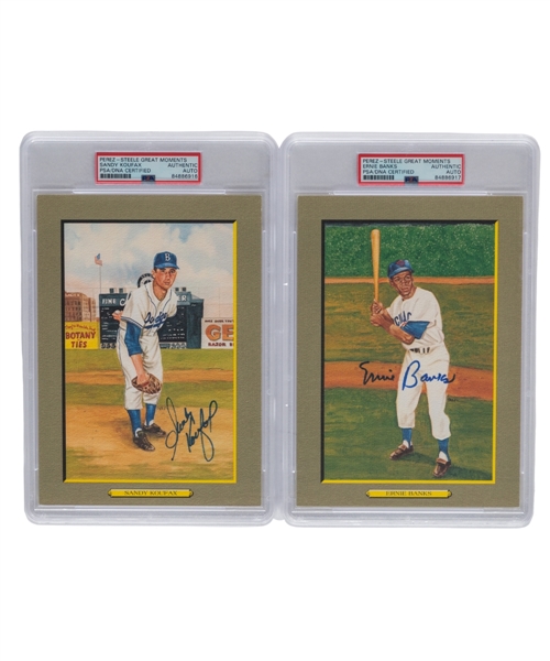 1987 Perez-Steele Great Moments Signed Baseball Postcards (6) with Spahn, Roberts, McCovey and Mize, and PSA/DNA Certified Authentic Auto of Koufax and Banks