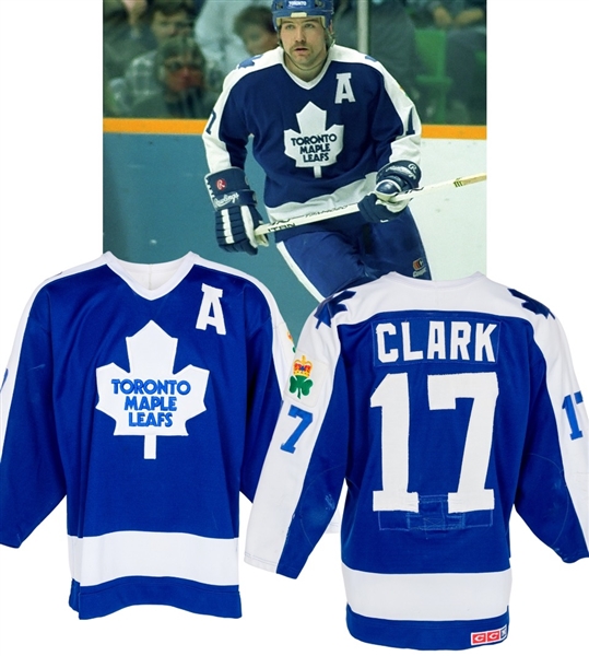 Wendel Clarks 1986-87 Toronto Maple Leafs Game-Worn Alternate Captains Jersey with MeiGray LOA - Clancy Patch! - Numerous Team Repairs! - Photo-Matched! - Video-Matched!
