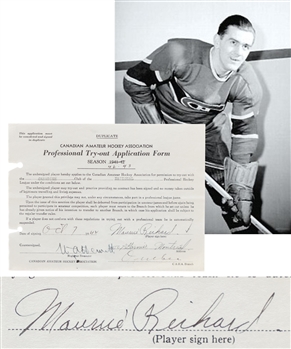 Maurice "Rocket" Richards October 7th 1942 Montreal Canadiens Signed Professional Tryout Application for 1942-43 NHL Season - Richards First Season with the Canadiens! 