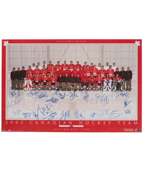 Team Canada 2002 Winter Olympics Gold Medal Champions Team-Signed Poster with Lemieux, Brodeur, Yzerman, Lindros and Others - JSA LOA (22 1/2" x 34")