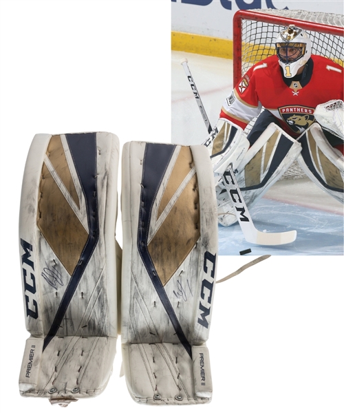 Roberto Luongos 2017-18 Florida Panthers Signed CCM Premier II Game-Worn Pads - Photo-Matched to His 1,000th NHL Game!