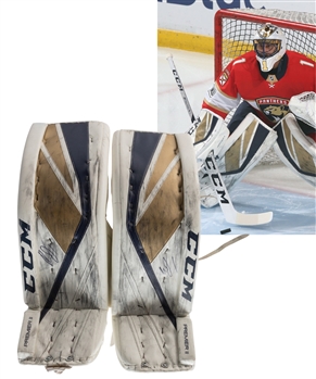 Roberto Luongos 2017-18 Florida Panthers Signed CCM Premier II Game-Worn Pads - Photo-Matched to His 1,000th NHL Game!