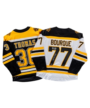 Ray Bourque Signed "1579 Pts" Boston Bruins White Jersey & Tim Thomas Signed "Vezina x2" Ltd Bruins Black Jersey - Starside Signatures COA