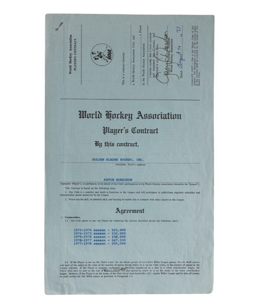 Kevin Morrisons New York Golden Blades 1973-74 to 1977-78 WHA Contract Signed by Gary L. Davidson