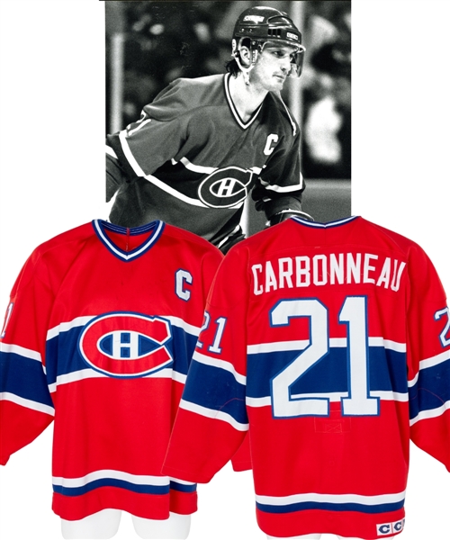 Guy Carbonneaus 1990-91 Montreal Canadiens Signed Game-Worn Captains Jersey - Team Repairs! - Photo-Matched!