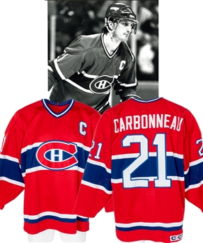 Guy Carbonneaus 1990-91 Montreal Canadiens Signed Game-Worn Captains Jersey - Team Repairs! - Photo-Matched!