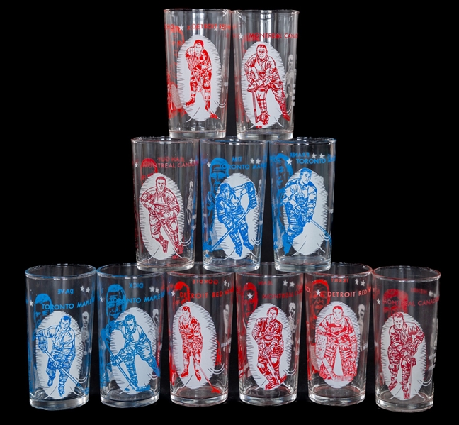 1961-62 Montreal Canadiens, Detroit Red Wings and Toronto Maple Leafs York Peanut Butter Glass Complete Set of 11 Including Howe, Delvecchio, Richard, Beliveau, Talbot, Keon and Horton