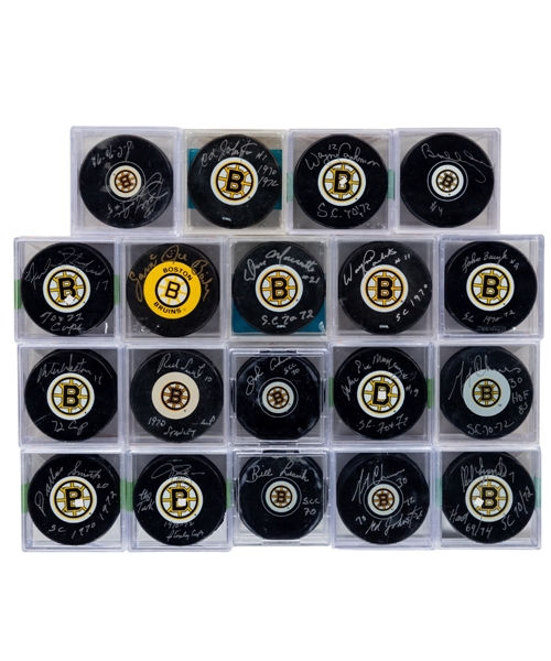 Boston Bruins "1970s Bruins" Signed Puck Collection of 19 Including HOFers Orr, Esposito, Cheevers, Bucyk, 