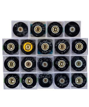 Boston Bruins "1970s Bruins" Signed Puck Collection of 19 Including HOFers Orr, Esposito, Cheevers, Bucyk, 