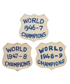 Ted Kennedys 1946-47, 1947-48 and 1948-49 Stanley Cup Champions "World Champions" Jacket Crest Collection of 3 Originally from His Personal Collection with Kennedy Family LOA