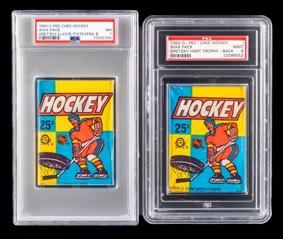 1983-84 O-Pee-Chee Hockey Wax Packs (2) - Graded PSA MINT 9 and NM 7 - Both Showing Gretzky Cards Through Wrappers! 