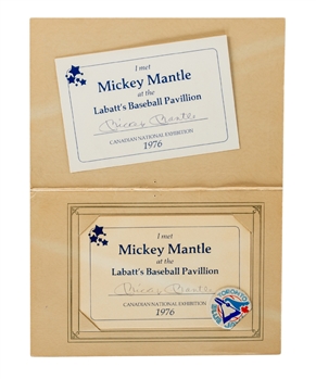 Deceased HOFer Mickey Mantle Signed 1976 Canadian National Exhibition " I Met Mickey Mantle at the Labatts Baseball Pavillion" Cards (2) with JSA Auction LOA