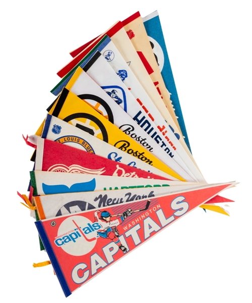 Vintage NHL / WHA - National Hockey League / World Hockey Association 1970s/1980s Full Size Pennants (16) Including Penguins, Whalers, Mariners, Barons and Others Plus Bumper Stickers (2)