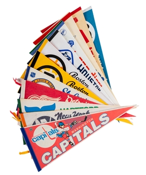 Vintage NHL / WHA - National Hockey League / World Hockey Association 1970s/1980s Full Size Pennants (16) Including Penguins, Whalers, Mariners, Barons and Others Plus Bumper Stickers (2)