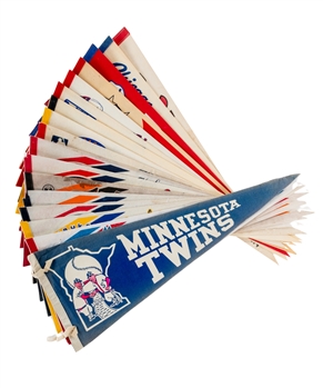 Vintage MLB - Major League Baseball 1970s/1980s Full Size Pennants (17) Including 1974 Hank Aaron Home Run King, 1981 All-Star Game Cleveland, 1977 Dodgers NL Champions & Others Plus Bumper Sticker 