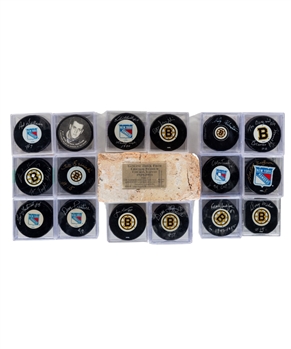 Original Six Teams Memorabilia Collection Including Boston Bruins and New York Rangers Signed Pucks (16) and Original Chicago Stadium 1929-1994 Brick with COA