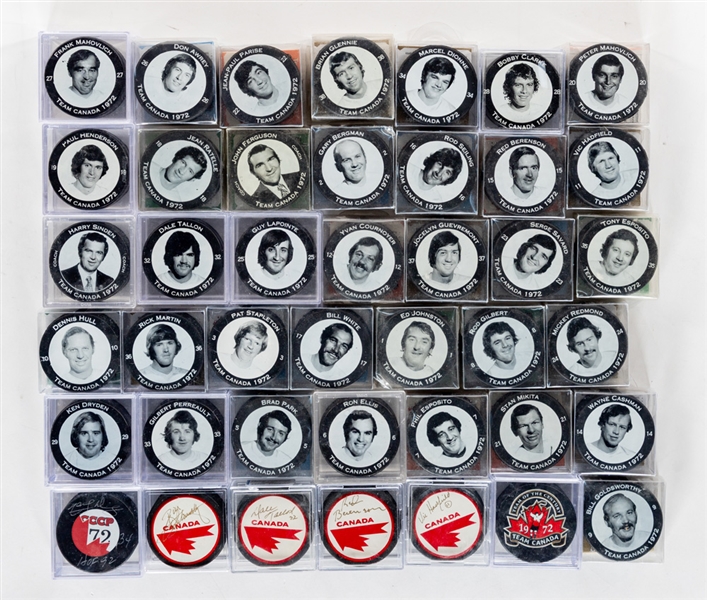 Team Canada 1972 Canada-Russia Series "Canadas Team of the Century" Complete Player Puck Collection of 36 Plus Signed Pucks (5) 