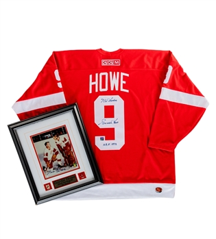 Gordie Howe Signed Detroit Red Wings CCM Replica Jersey Plus Howe Signed Framed Photo Display (15 1/2" x 18 1/2") - Both With COAs!
