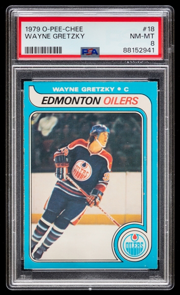 1979-80 O-Pee-Chee Hockey Card #18 HOFer Wayne Gretzky Rookie - Graded PSA 8